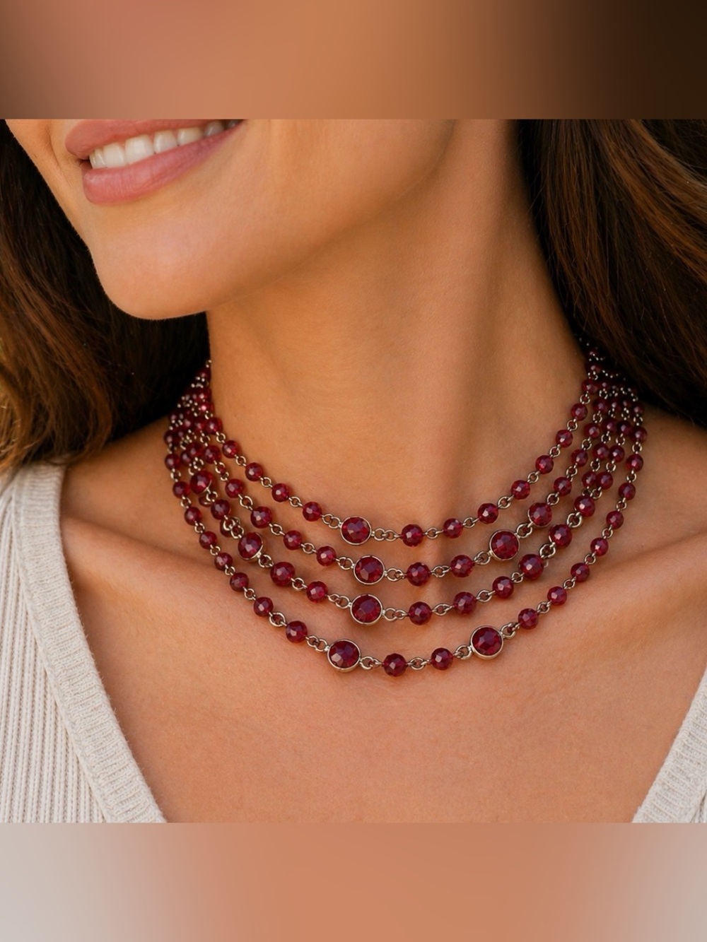 #791 Ruby Red 🌺 Multi Strand Beaded Statement Necklace 19” Silver Tone - Picture 2 of 7